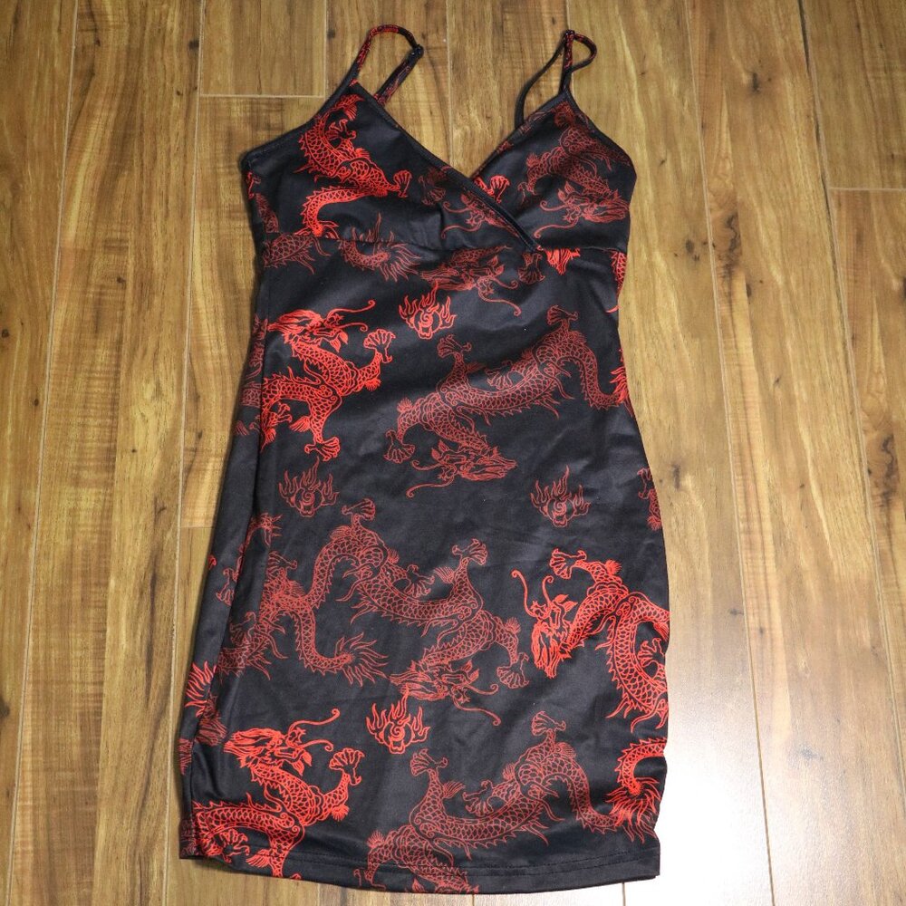SHEIN BAE Surplice Neck Chinese Dragon Print Dress; Size XS